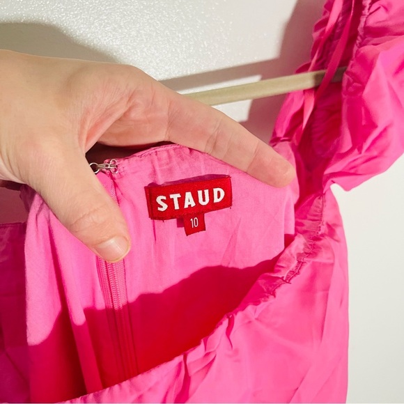 NEW STAUD Ash Bubble Hem Belted Mini Dress Pink - Picture 7 of 10